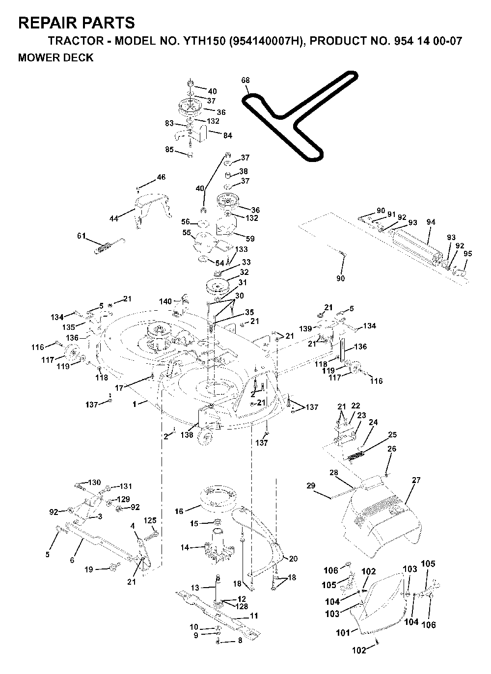 Mower Deck / Cutting Deck Diagram and Parts List for YTH150 (954140007H, 954140007)(1998-09) Husqvarna Lawn Tractor