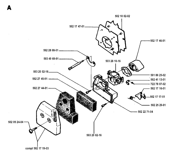 Carburetor And Air Filter Diagram and Parts List for 250PS 19940600001-19960500000 Husqvarna Pole Saw