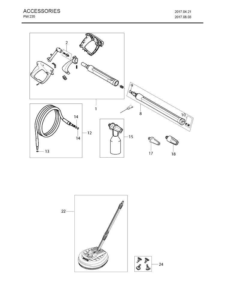 Accessories Diagram and Parts List for PW235  Husqvarna Pressure Washer