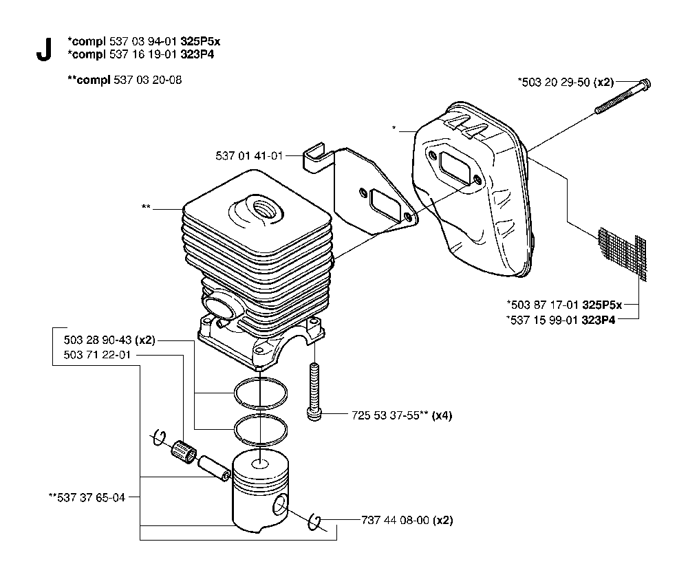 Cylinder, Piston And Muffler Diagram and Parts List for 323P4 20062700001 Husqvarna Pole Saw