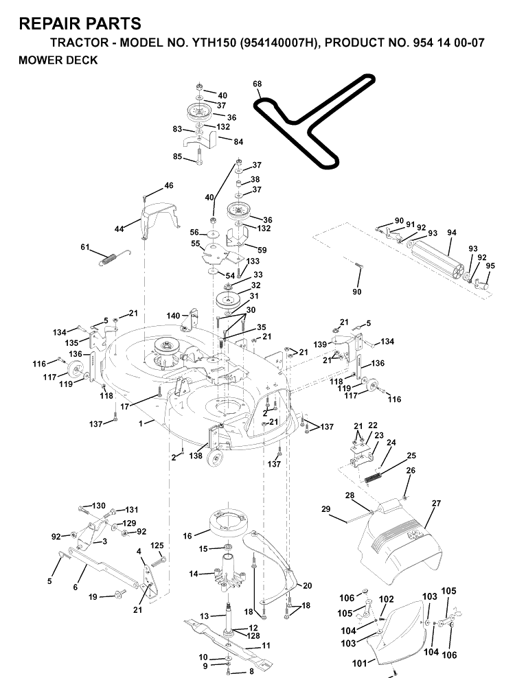 Mower Deck / Cutting Deck Diagram and Parts List for YTH150 (954140007H)(1998-09) Husqvarna Lawn Tractor