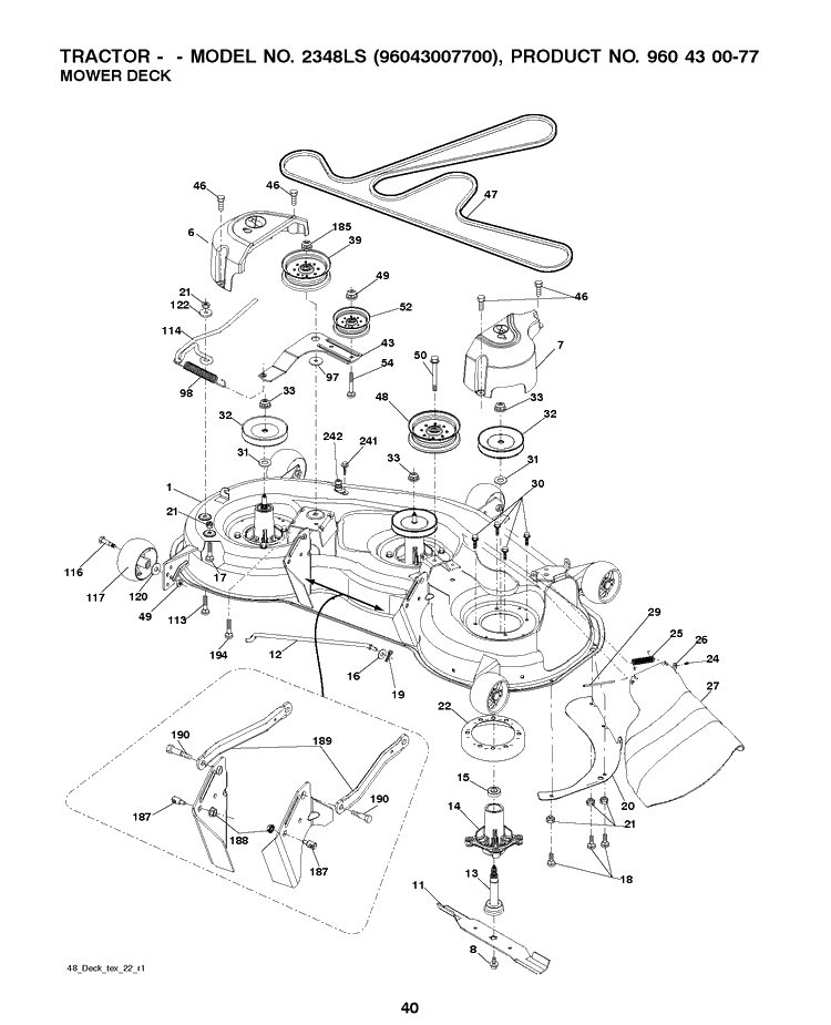 Mower Deck / Cutting Deck Diagram and Parts List for 2348LS (96043007700)(2008-11) Husqvarna Lawn Tractor