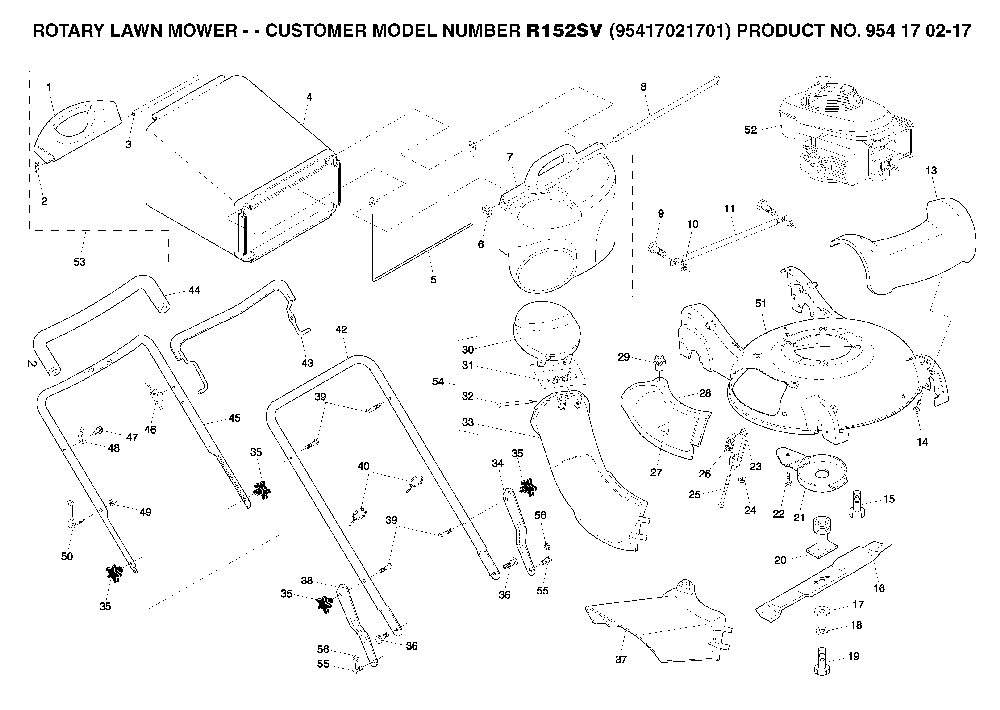 Frame And Engine Diagram and Parts List for R152SV (95417021701, 954170217)(2005-02) Husqvarna Lawn Mower