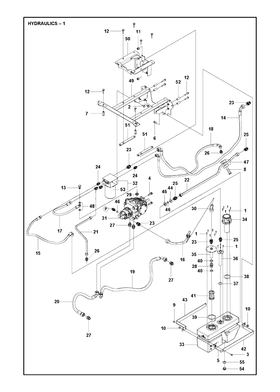Hydraulics Diagram and Parts List for P525DX (967985401)(2021-02) Husqvarna Lawn Tractor