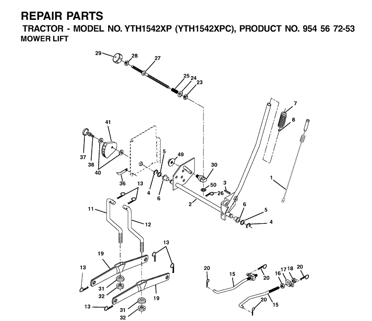 Mower Lift / Deck Lift Diagram and Parts List for YTH1542XP (954567253)(2001-12) Husqvarna Lawn Tractor