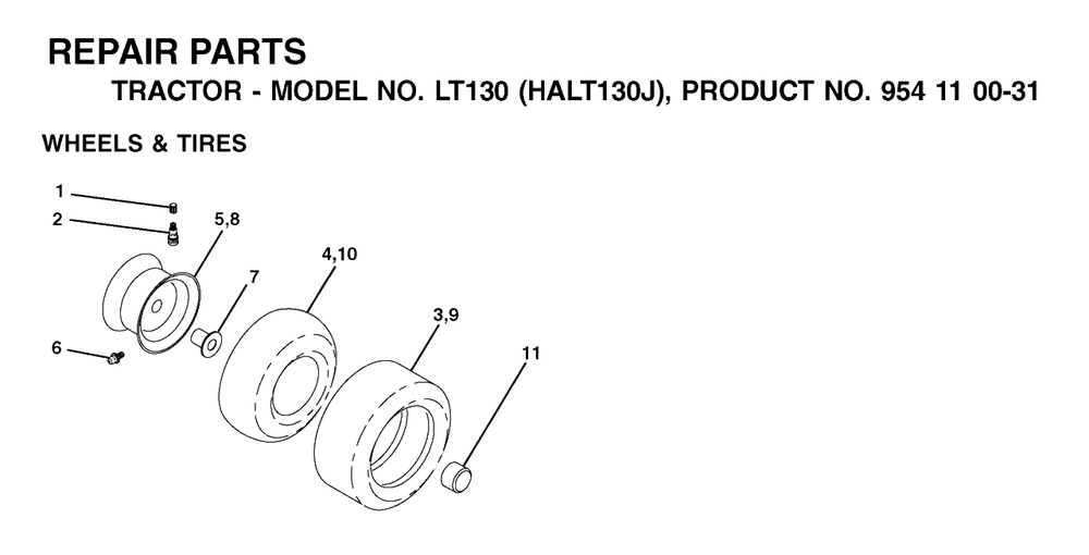 Wheels And Tires Diagram and Parts List for LT130 (954110031-J)(2003-01) Husqvarna Lawn Tractor