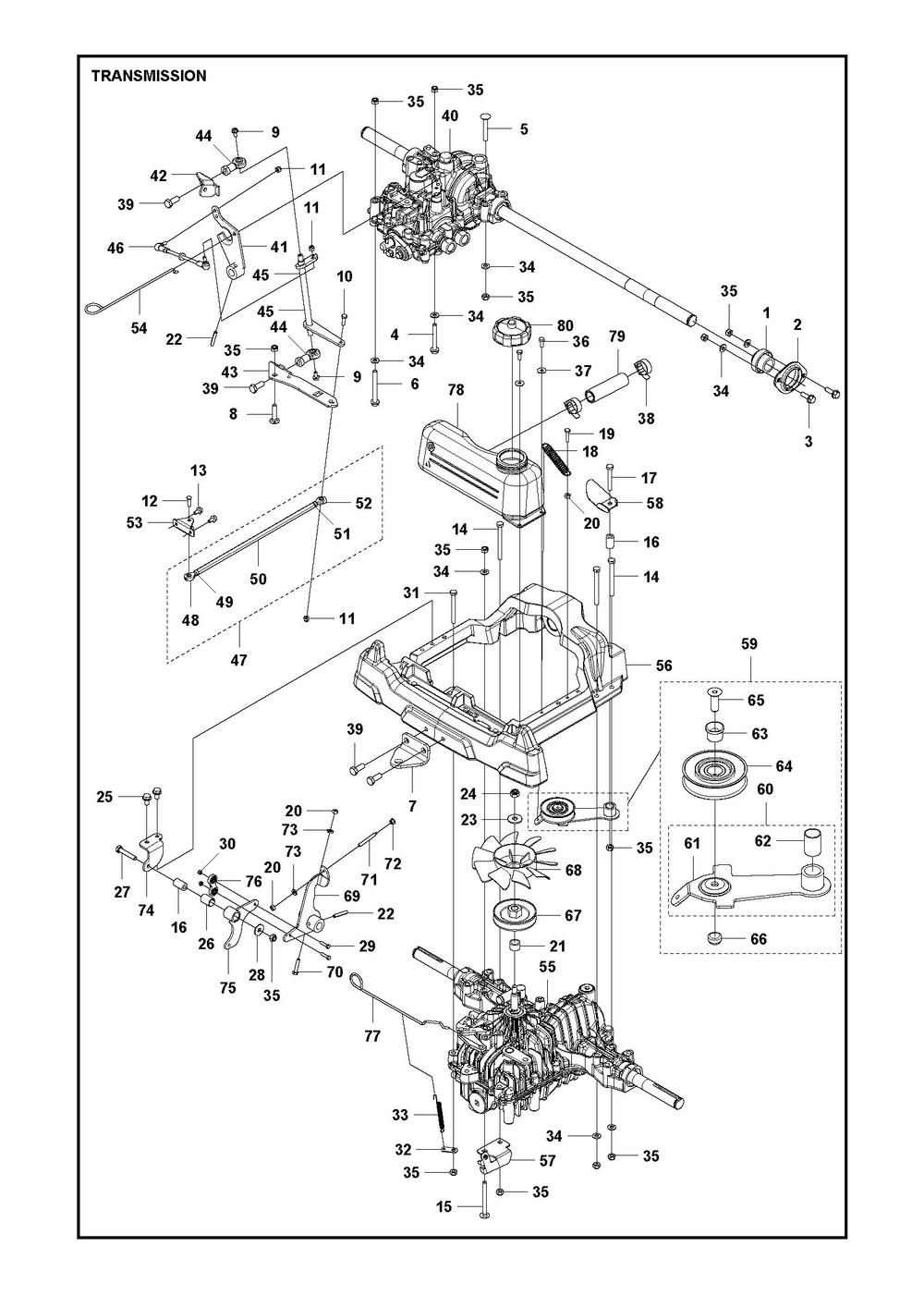 Transmission Diagram and Parts List for RC320TSAWD2017-2022  Husqvarna Lawn Tractor