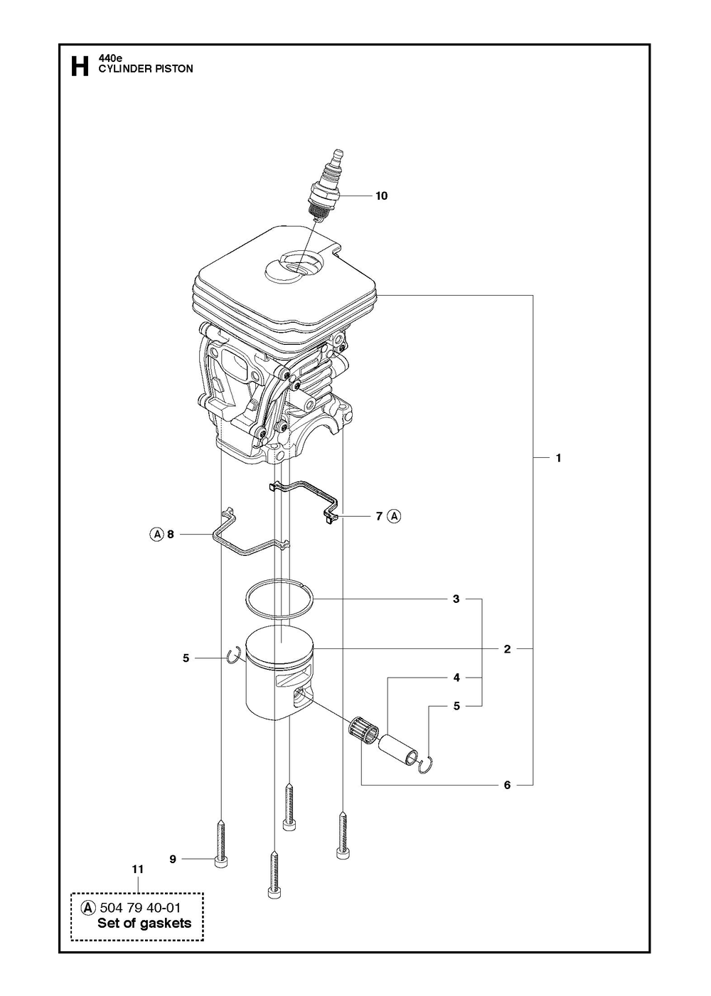 Cylinder Piston Diagram and Parts List for 440 e-series Husqvarna Chainsaw