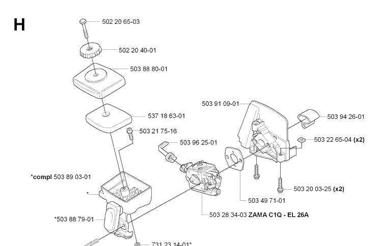 Carburetor And Air Filter Diagram and Parts List for 325HDA65 (X-SERIES)(20070100001-20090900000) Husqvarna Hedge Trimmer