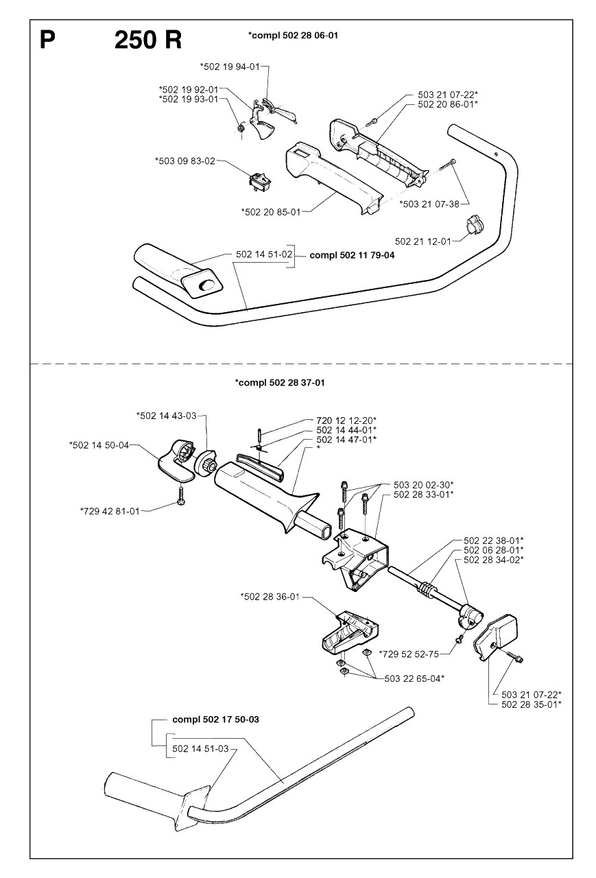 Handle And Controls Diagram and Parts List for 250RX 19973100001 & Above Husqvarna Trimmer