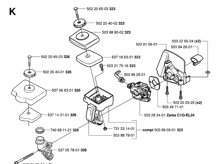 Carburetor And Air Filter Diagram and Parts List for 326RX 20061400001-20070100000 Husqvarna Brush Cutter