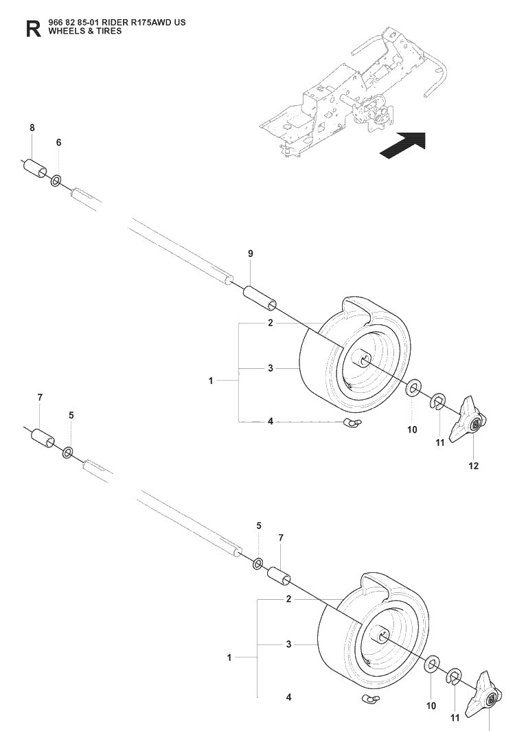 Wheels And Tires Diagram and Parts List for RIDER175 (966828501)(2008-05) Husqvarna Lawn Mower