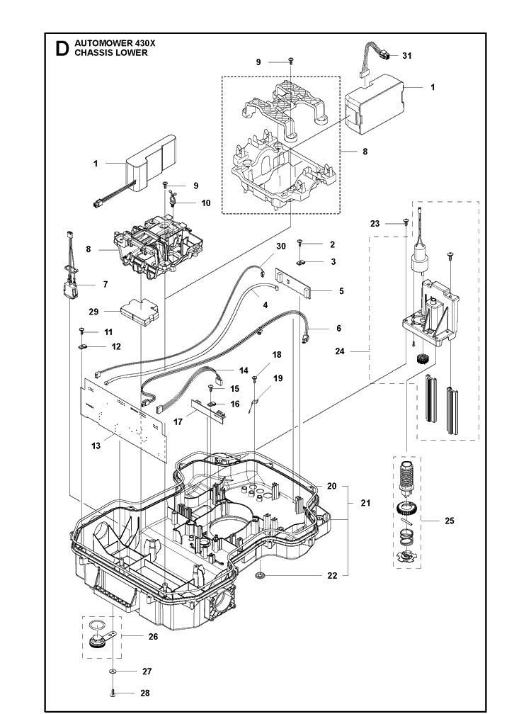 Chassis Lower Diagram and Parts List for 430X 2019 Husqvarna Lawn Mower