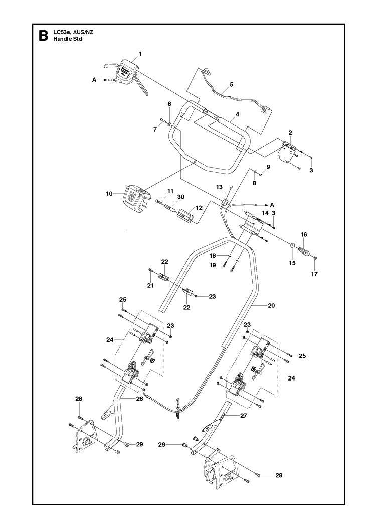 Handle Diagram and Parts List for LC53E 966669204 Husqvarna Lawn Mower