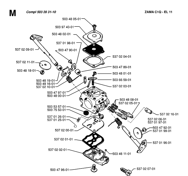 Carburetor Details Diagram and Parts List for 322E 19994000001-20010100000 Husqvarna Edger