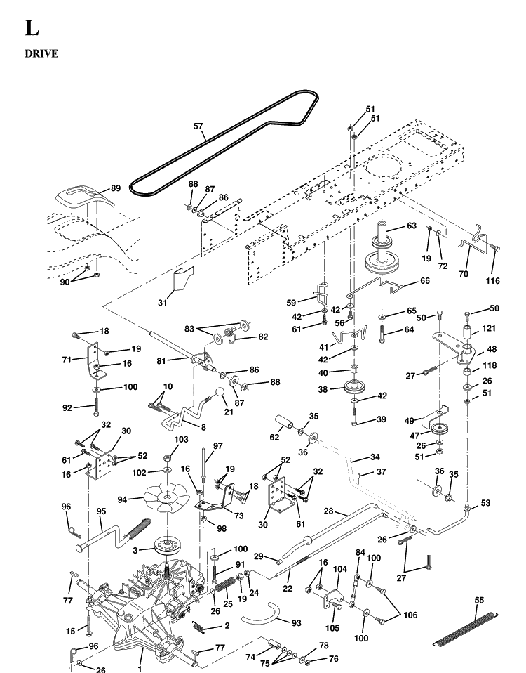 Drive Diagram and Parts List for YTH130 1997-02 Husqvarna Lawn Tractor