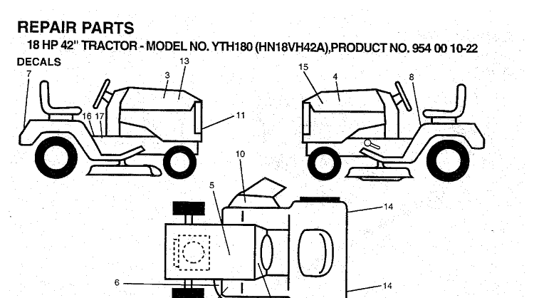 Decals Diagram and Parts List for YTH180 (954001022)(1994-03) Husqvarna Lawn Tractor