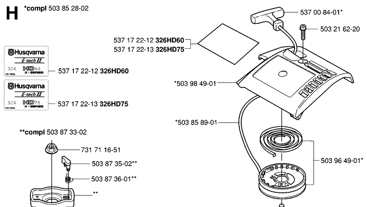 Starter Diagram and Parts List for 326HD75 (X-SERIES)(20030100001-20062700000) Husqvarna Hedge Trimmer