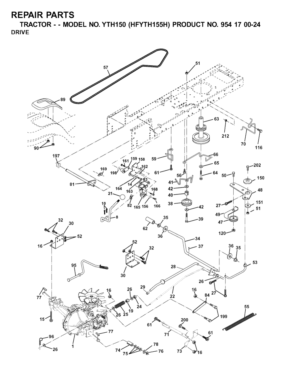 Drive Diagram and Parts List for YTH150 (954170024-H)(2001-03) Husqvarna Lawn Tractor