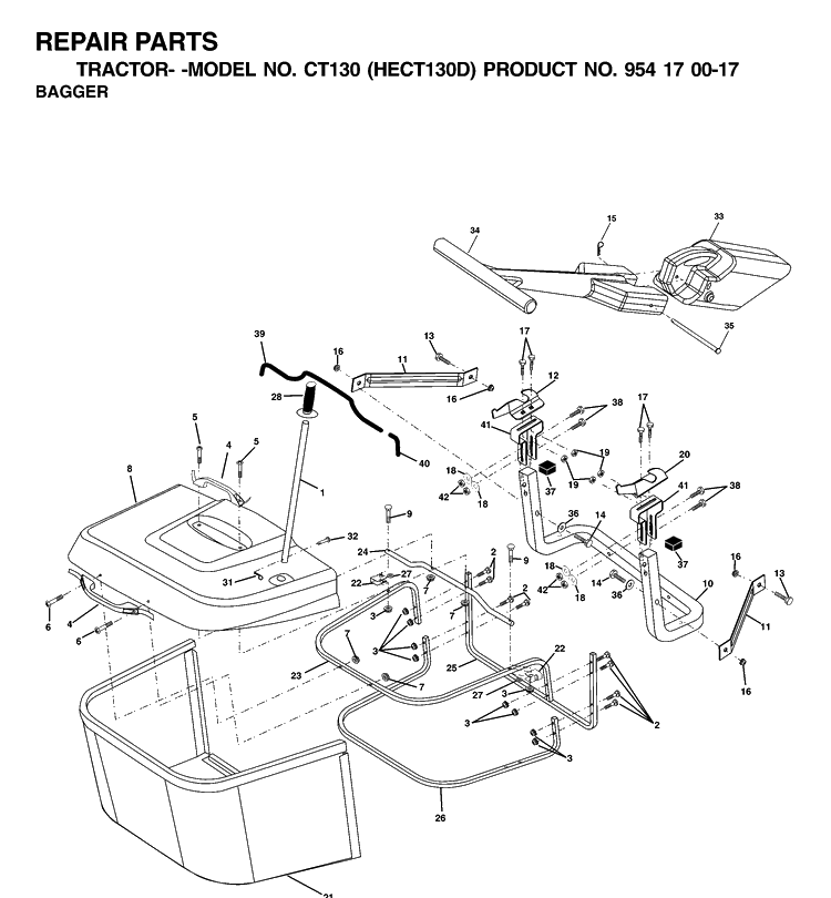 Bagger Diagram and Parts List for CT130 (HECT130D)(2001-01) Husqvarna Lawn Tractor