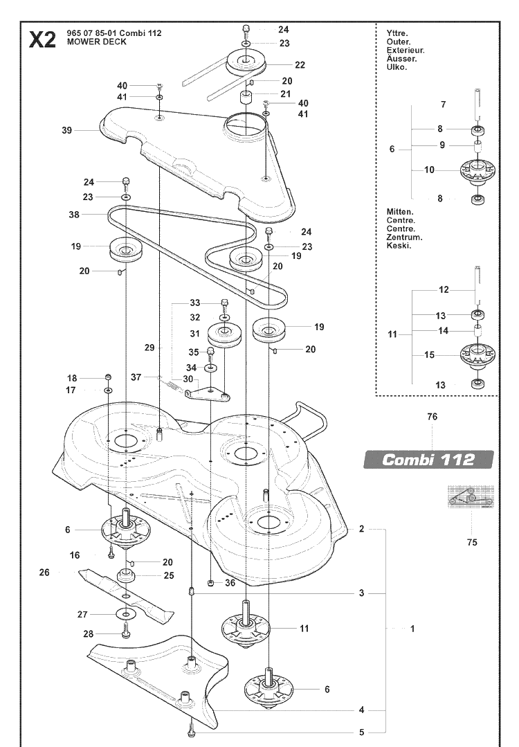 44 Inch/112cm Cutting Deck 3 Diagram and Parts List for RIDER15V2AWD (965200901)(2008-01) Husqvarna Lawn Mower