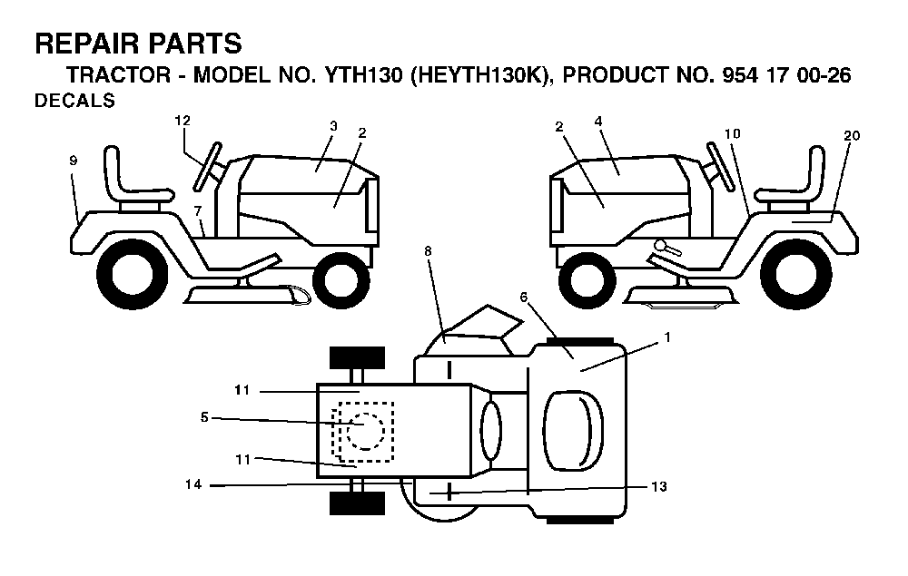 Decals Diagram and Parts List for YTH130 (HEYTH130K, 954170026)(2001-01) Husqvarna Lawn Tractor