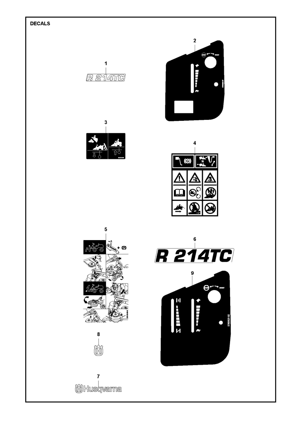Decals Diagram and Parts List for R214TC2017-2021  Husqvarna Lawn Tractor