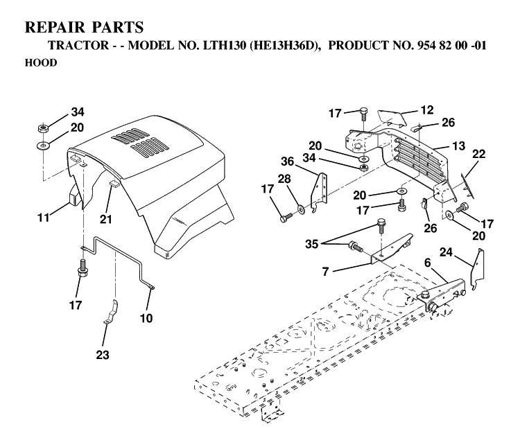 Hood Diagram and Parts List for LTH130 (HE13H36D)(1997-03) Husqvarna Lawn Tractor
