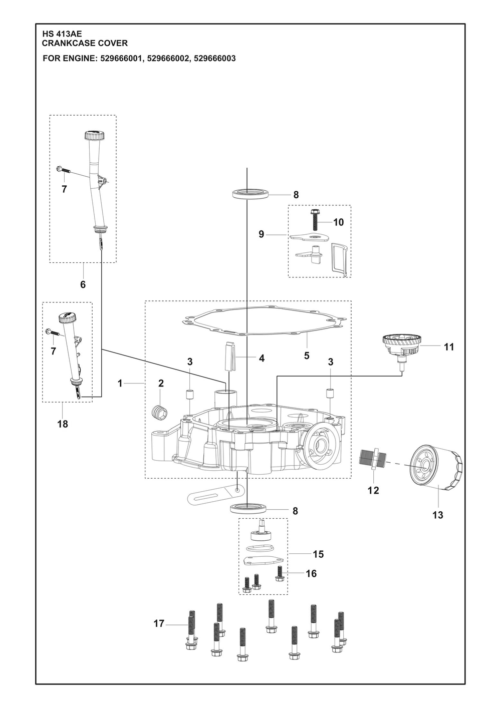 Crankcase Cover Diagram and Parts List for HS413AE  Husqvarna Engine