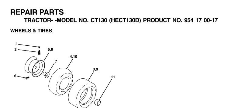 Wheels And Tires Diagram and Parts List for CT130 (HECT130D)(2001-01) Husqvarna Lawn Tractor