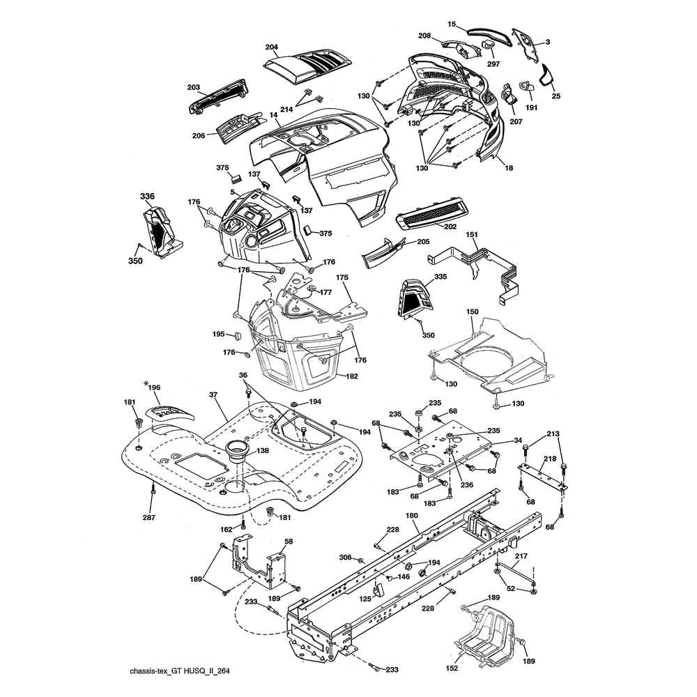 Chassis Diagram and Parts List for 96043025900  Husqvarna Lawn Tractor