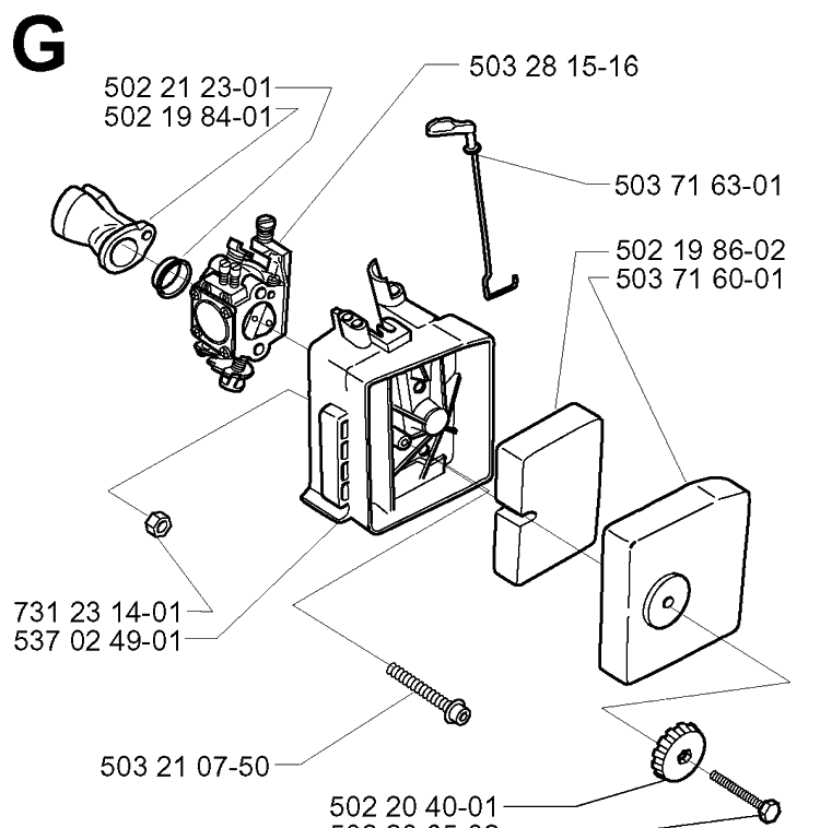 Carburetor And Air Filter 2 Diagram and Parts List for 225B 20012200001-Current Husqvarna Leaf Blower / Vacuum