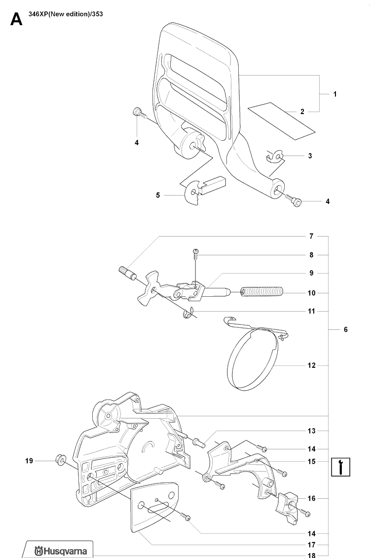 Chain Brake Diagram and Parts List for 353 20071300001-20090400000 Husqvarna Chainsaw