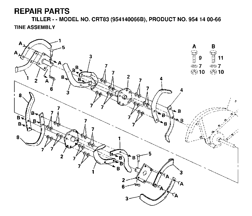 Tine Assembly Diagram and Parts List for CRT83 (954140066B)(1999-04) Husqvarna Tiller