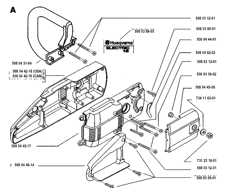 Chassis / Frame Diagram and Parts List for 16 19931800001-19954000000 Husqvarna Chainsaw