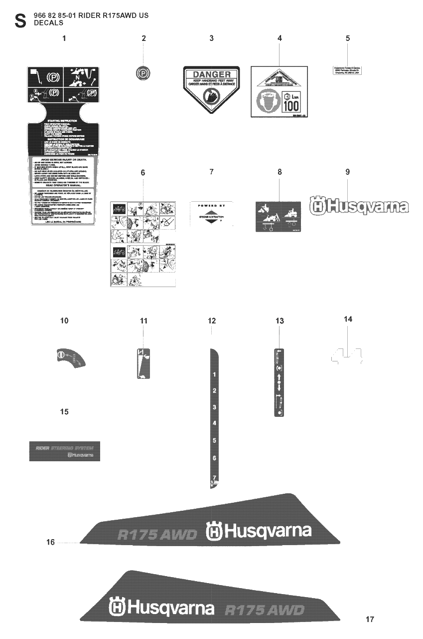 Decals Diagram and Parts List for R175 (966828501)(2008-05) Husqvarna Lawn Tractor