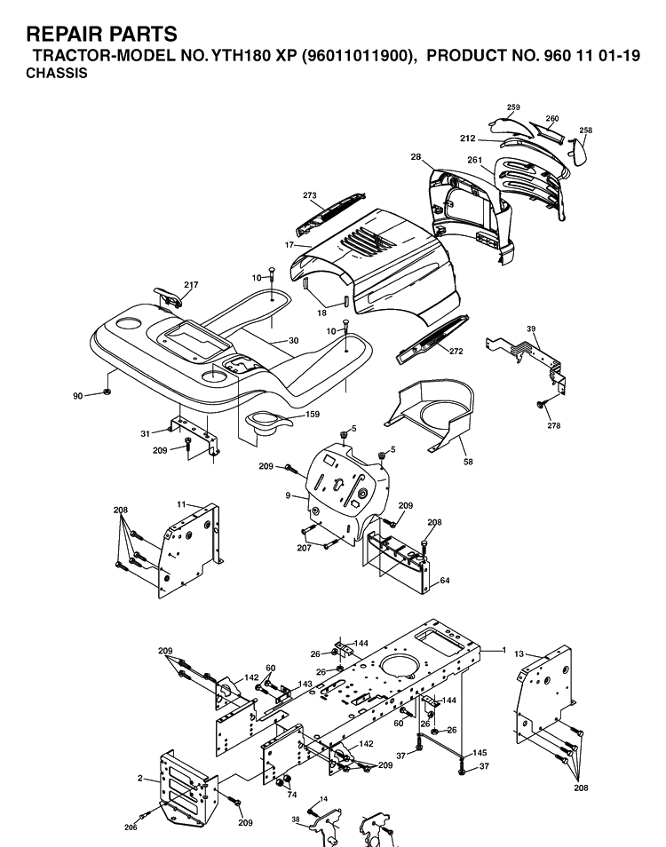 Chassis And Enclosures Diagram and Parts List for YTH180XP (96011011900)(2006-01) Husqvarna Lawn Tractor