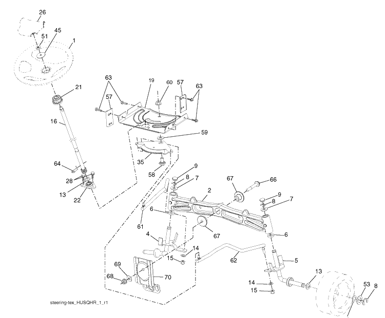 Steering Assembly Diagram and Parts List for YTH22V46 (96043010100)(2010-04) Husqvarna Lawn Mower