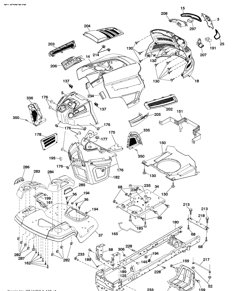Chassis / Frame Diagram and Parts List for YTH26V54 (96043013201)(2011-08) Husqvarna Lawn Tractor