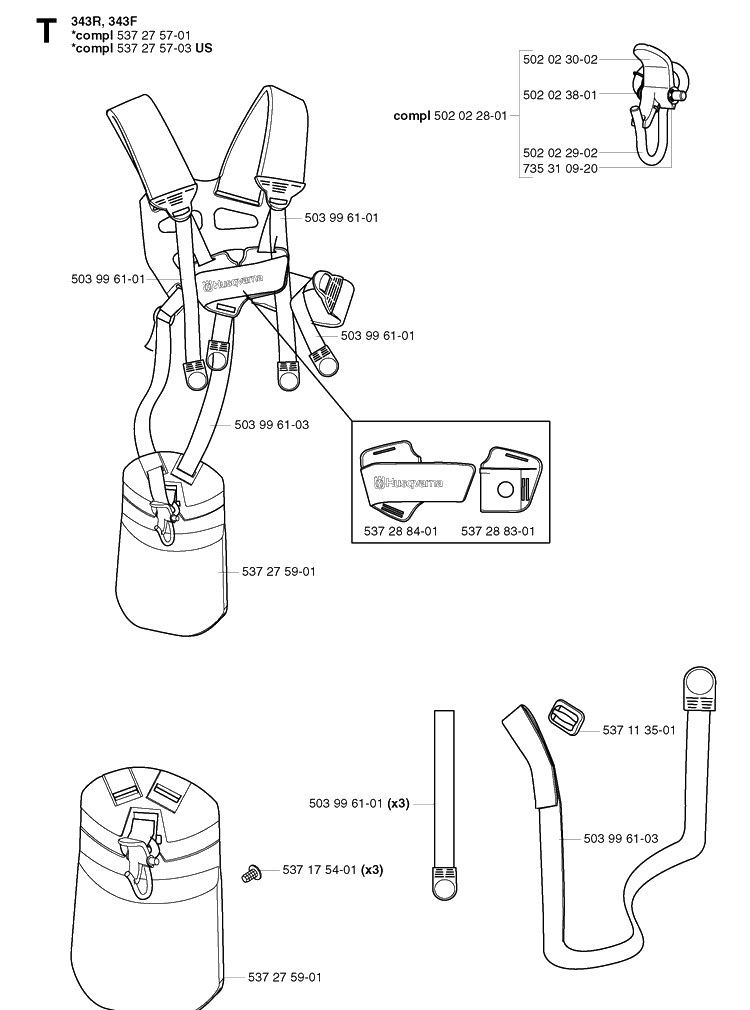 Harness Diagram and Parts List for 343R 20031800001-20043100000 Husqvarna Brush Cutter