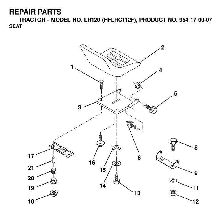 Seat Diagram and Parts List for LR120 (HFLRC112F)(2000-03) Husqvarna Lawn Tractor