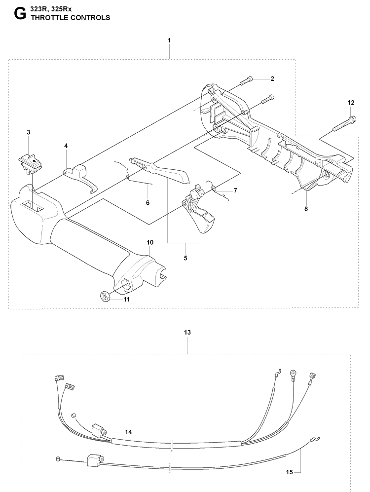 Handle And Controls Diagram and Parts List for 325RX 20080900001-Current Husqvarna Brush Cutter