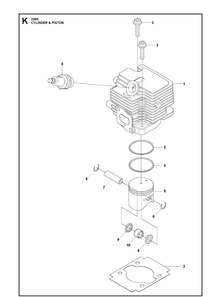 Cylinder Piston Diagram and Parts List for 226K  Husqvarna Brush Cutter