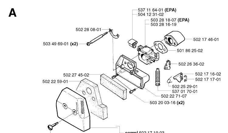 Carburetor And Air Filter 2 Diagram and Parts List for 250R 20023100001-20145399999 Husqvarna Brush Cutter