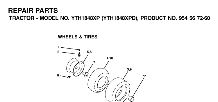 Wheels And Tires Diagram and Parts List for YTH1848XP (954567260)(2001-12) Husqvarna Lawn Tractor