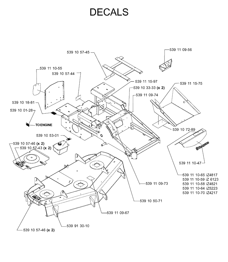 Decals Diagram and Parts List for IZ5223T (968999257)(2005-08) Husqvarna Lawn Mower
