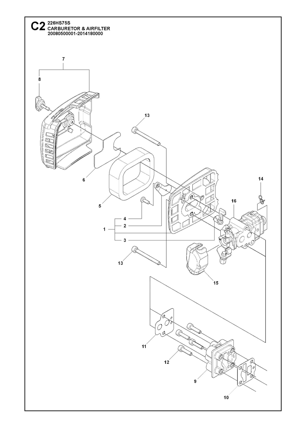 Carburetor And Air Filter Diagram and Parts List for 226HS75S 2009 Husqvarna Trimmer