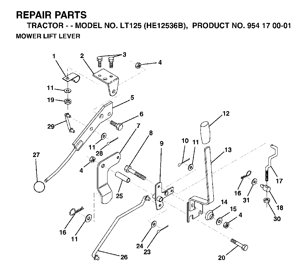 Mower Lift Lever Diagram and Parts List for LT125 (HE12536B, 954170001)(1996-10) Husqvarna Lawn Tractor