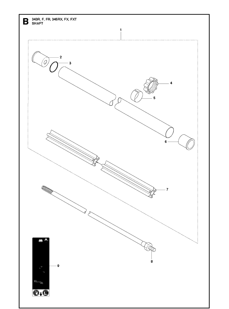Shaft Diagram and Parts List for 343F  Husqvarna Brush Cutter