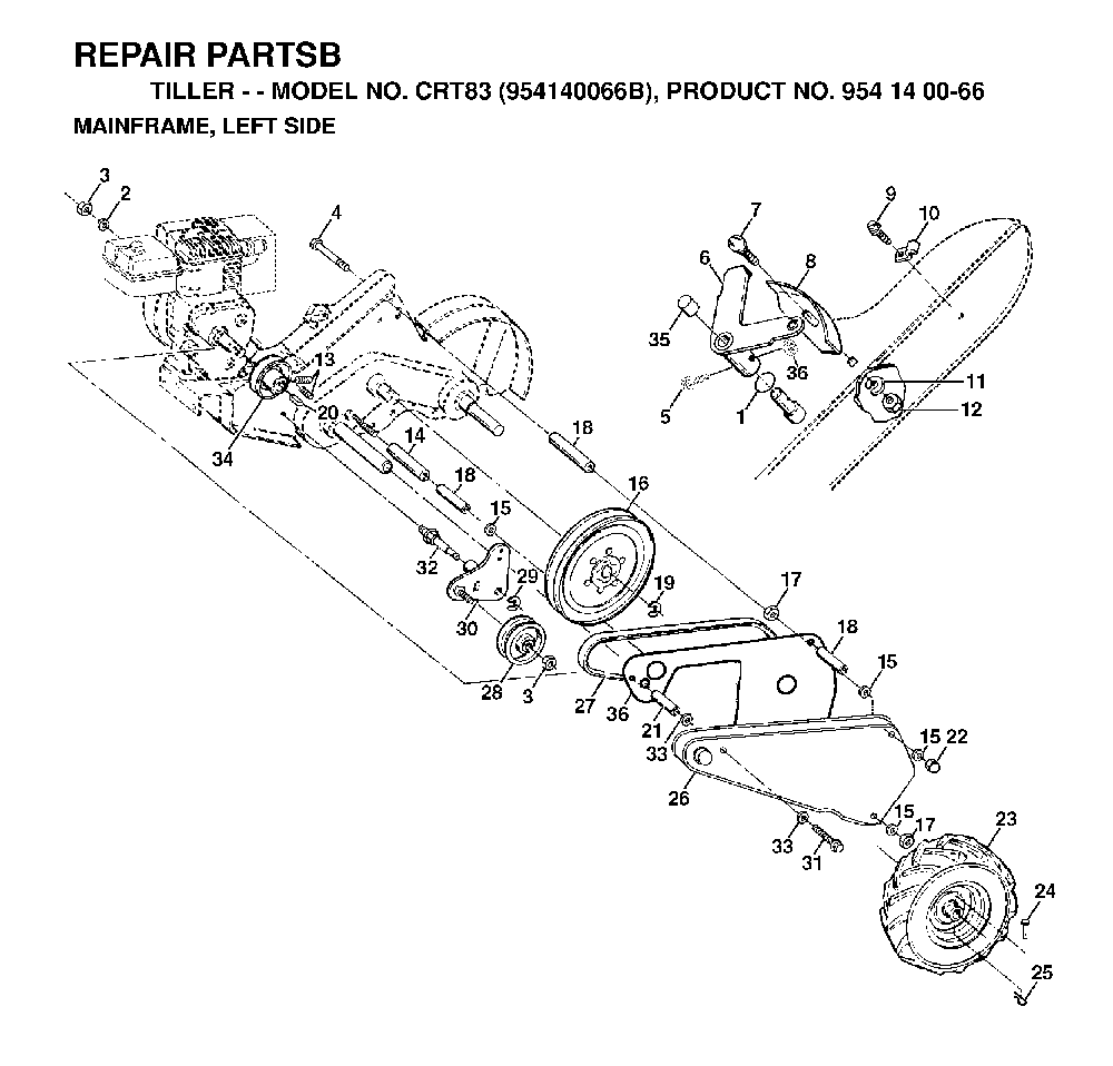 Mainframe, Left Side Diagram and Parts List for CRT83 (954140066B)(1999-04) Husqvarna Tiller